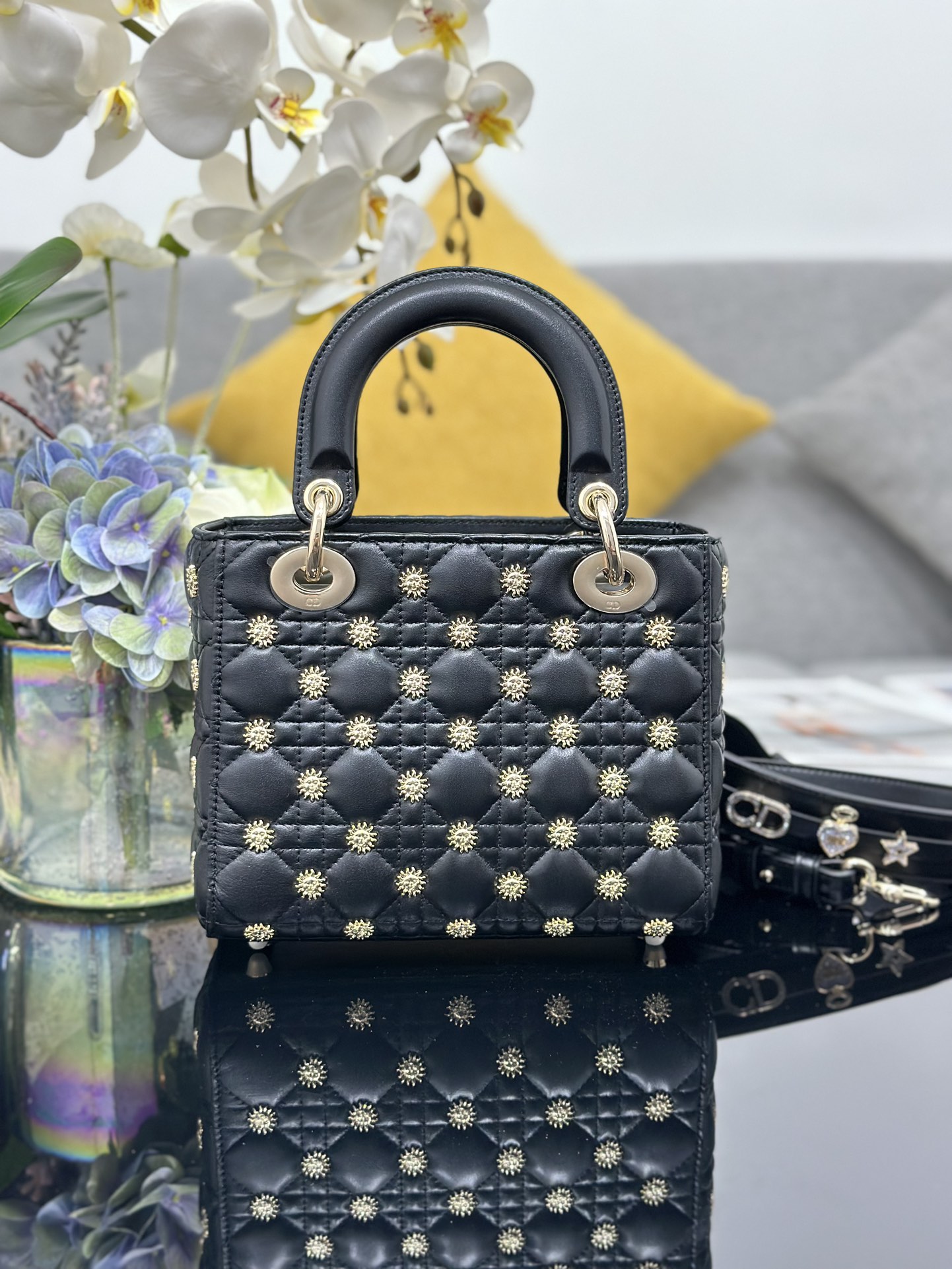 Small Lady Dior Bag Black Lambskin with Sun Nail